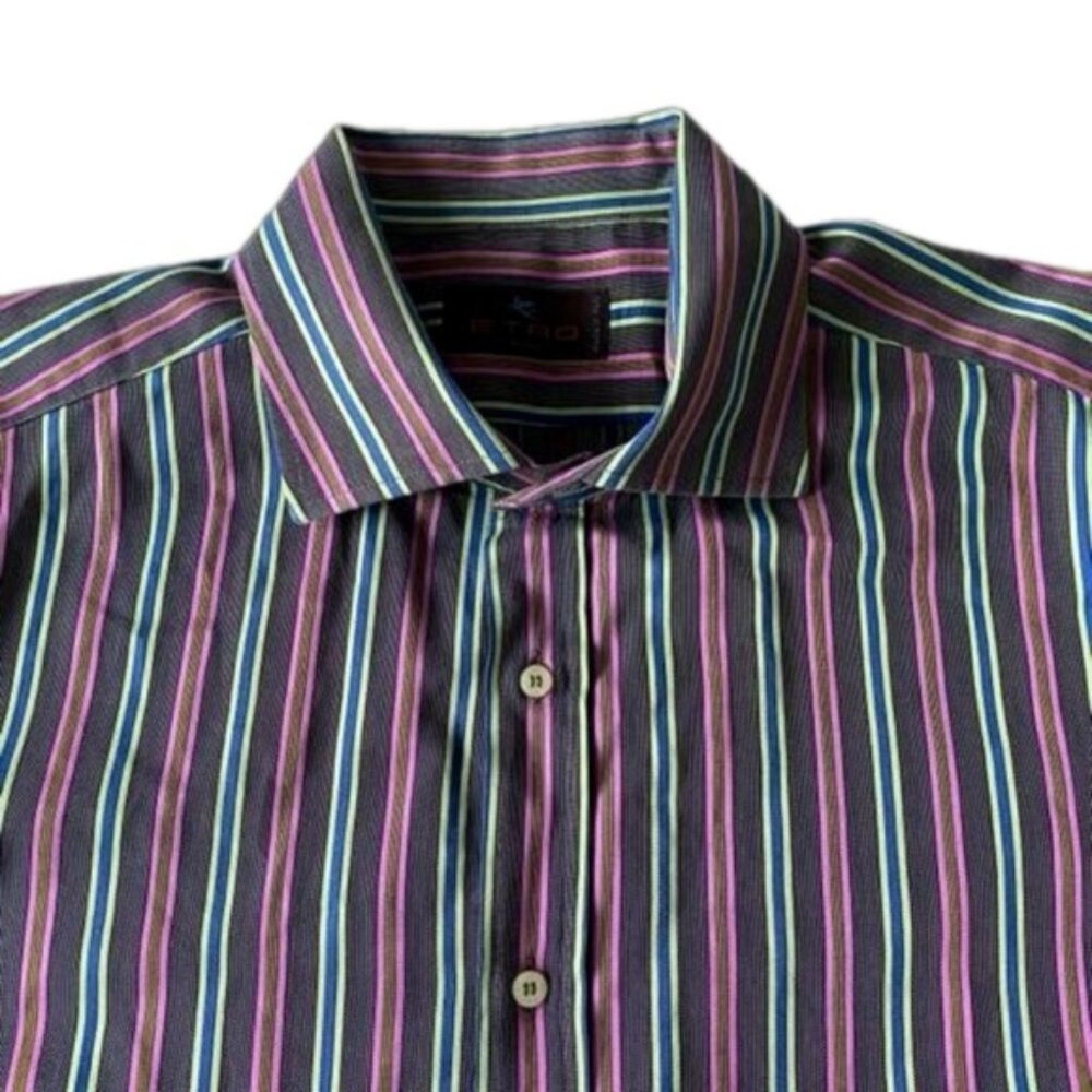 Etro Milano Mens Dress Shirt Sz 42 Striped Multicolor Button Up Made in Italy